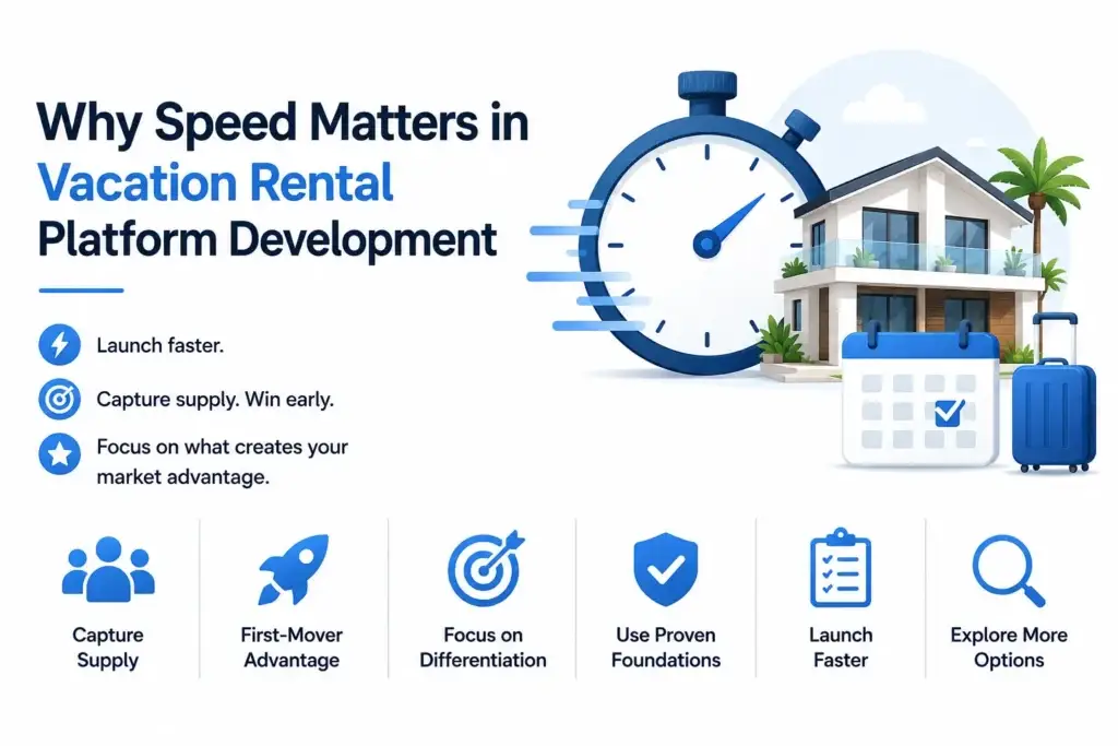 How Vacation Rental Startups Can Launch Faster Without Building Every Booking Module From Scratch 1 Why speed matters in vacation rental platform development for faster launch, first-mover advantage, differentiation, and market validation.