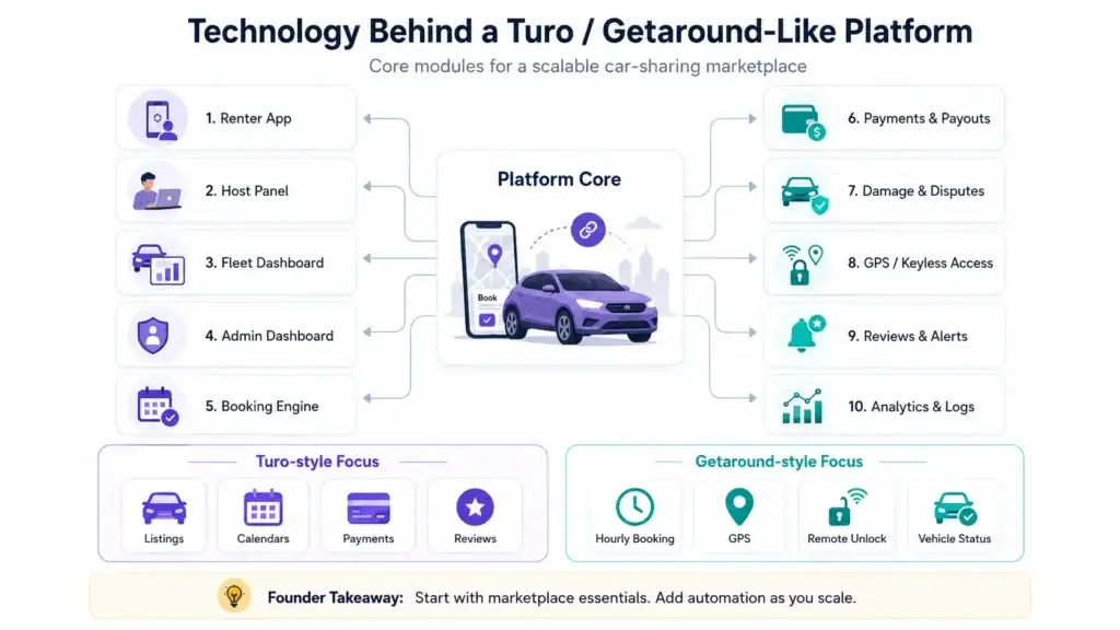 Turo vs Getaround Business Models: The Entrepreneurโs Guide 2 Technology architecture diagram of a Turo and Getaround-like car sharing platform with renter app, host panel, booking engine, payments, GPS access, analytics, and admin dashboard.