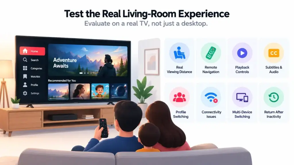 OTT Streaming Platform for Smart TVs: Designing One Viewing Experience Across Mobile, Web, and TV 2 Smart TV OTT platform testing in a real living-room environment with remote navigation, playback, subtitles, profiles, and connectivity checks