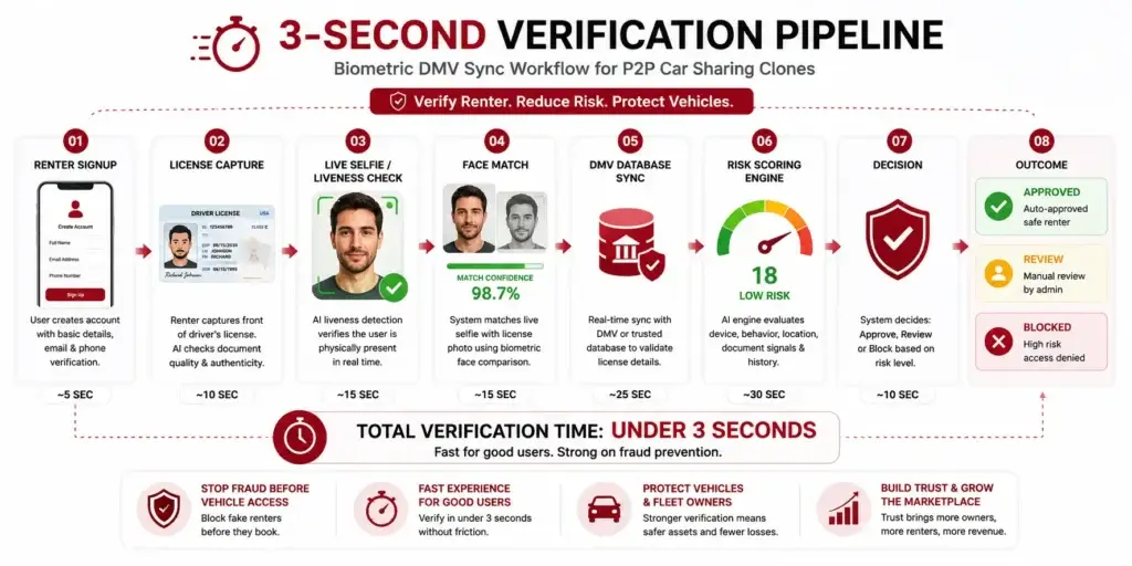 Eliminating Vehicle Theft Risk by 99.4%: Benchmarking Biometric KYC in P2P Car Sharing Clones 3 Three-second biometric DMV sync verification flow for P2P car sharing clone