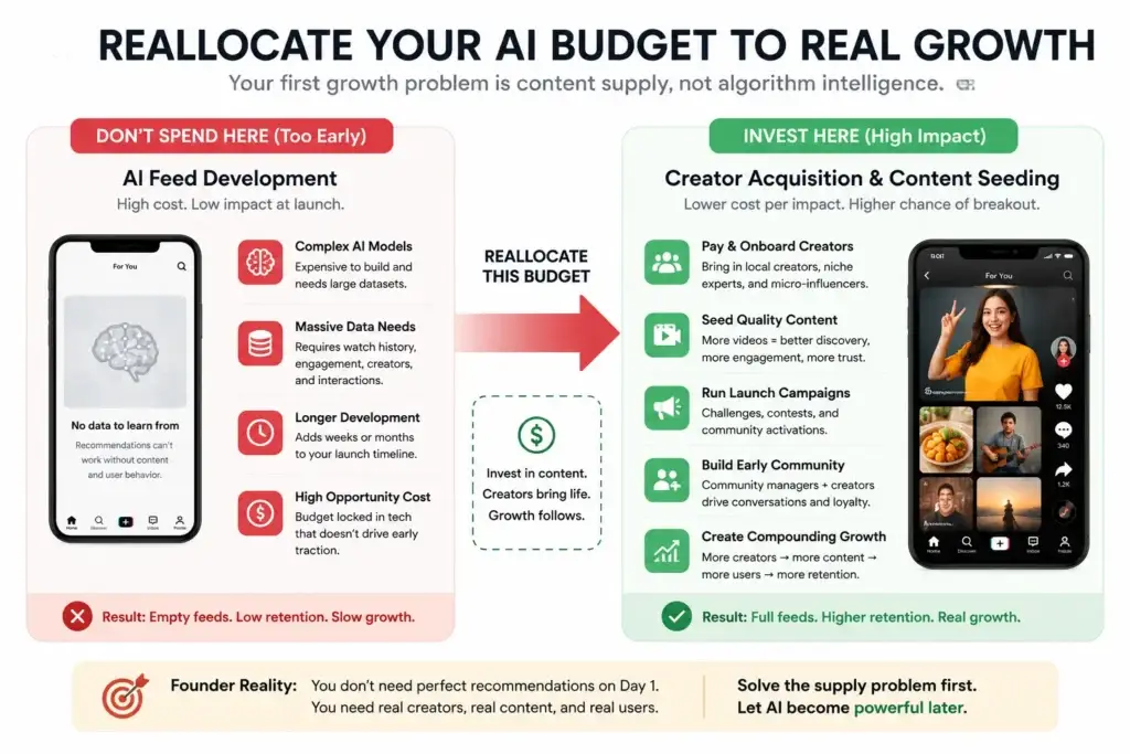 Why Launching With an โAI For You Pageโ Will Kill Your TikTok Clone 3 Budget reallocation visual showing TikTok clone founders shifting AI development budget into creator acquisition and content seeding