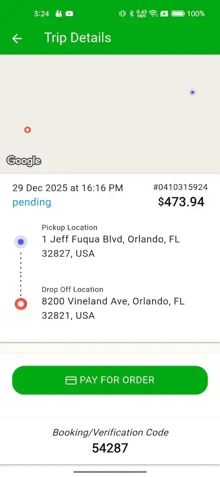 Gojek Clone 16 A screenshot of a trip details page on the Google Maps app, showing a pending trip from Orlando, Florida to Vineland Avenue.