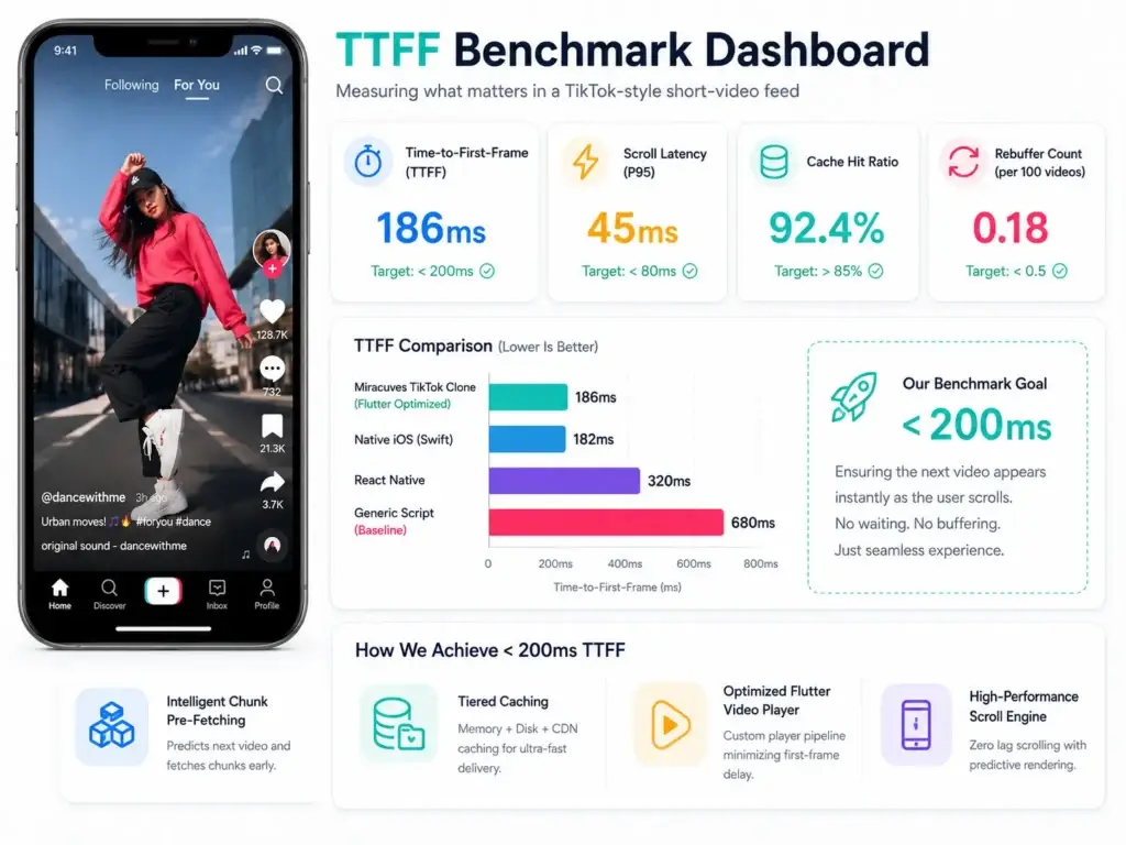 The 200ms Benchmark: Load-Testing the Scroll Engine of Our TikTok Clone 1 TTFF benchmark dashboard visual showing TikTok-style short video feed performance, time-to-first-frame, scroll latency, cache hit ratio, rebuffer count, pre-fetching, caching, and video player optimization.