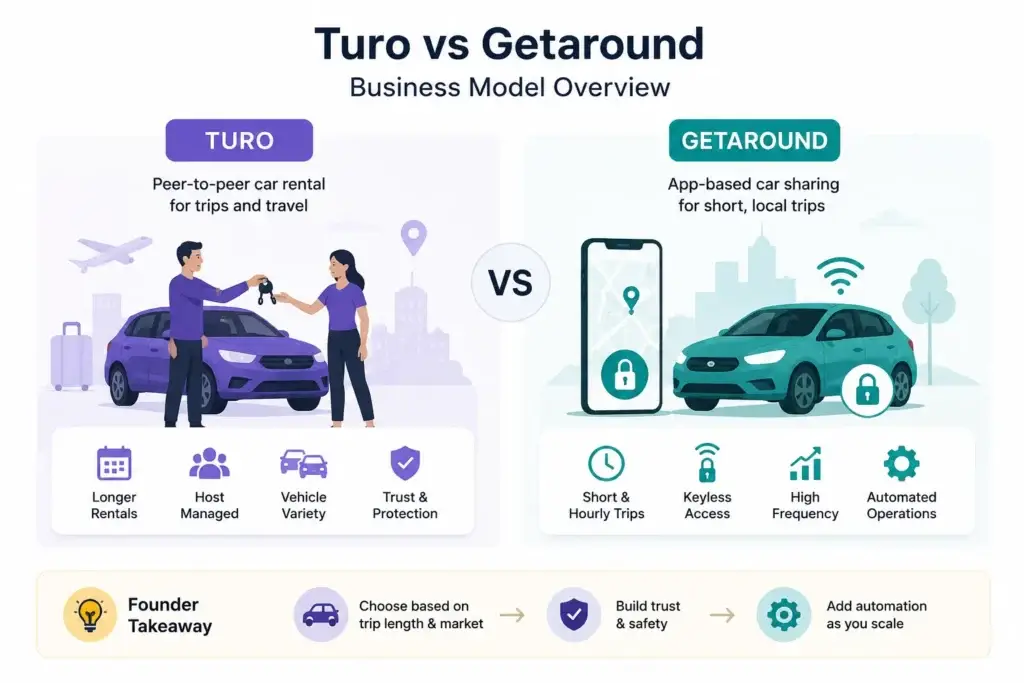 Turo vs Getaround Business Models: The Entrepreneurโs Guide 1 Turo vs Getaround business model overview comparing peer-to-peer car rentals with app-based instant access car sharing platforms.
