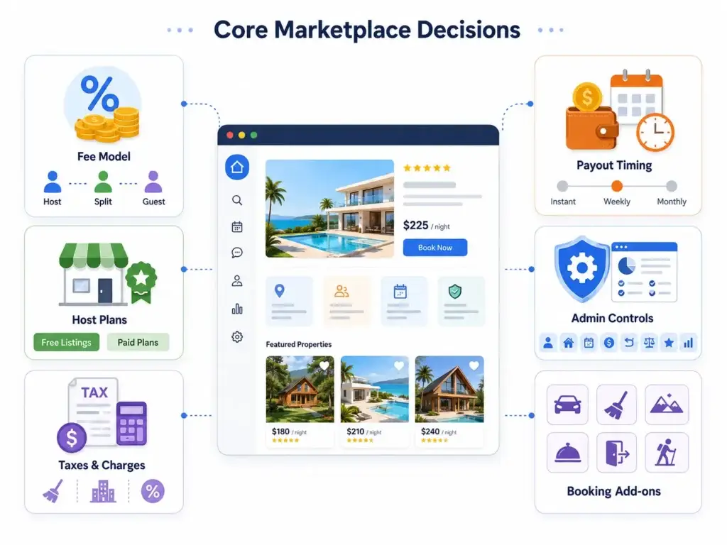 Vacation Rental Marketplace Revenue Model: How Booking Platforms Generate Profit 2 Vacation rental marketplace revenue decisions covering fee models, host plans, taxes, payout timing, booking add-ons, and admin controls.