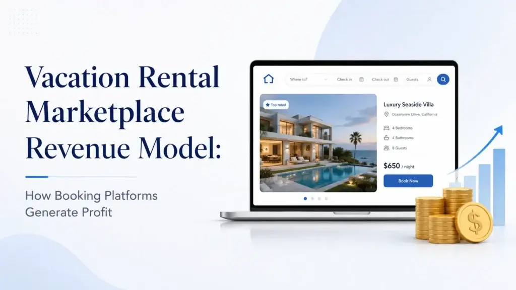 Vacation rental marketplace revenue model illustrated with an online villa booking platform, revenue growth chart, and coins.