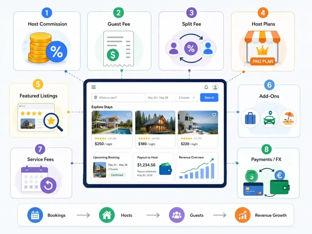 Vacation Rental Marketplace Revenue Model: How Booking Platforms Generate Profit 1 Vacation rental marketplace revenue streams including host commissions, guest fees, split fees, host plans, featured listings, add-ons, service fees, and payment charges.