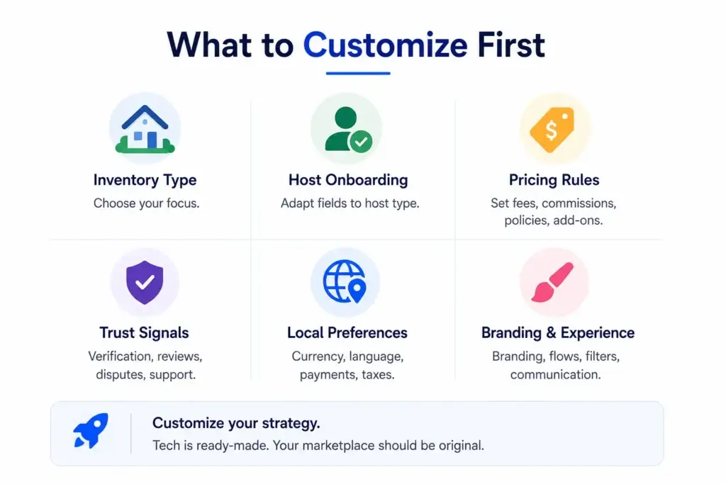 Vacation Rental Platform Development Guide: Architecture, Modules, and Build Path 2 Key vacation rental platform customization priorities including inventory type, host onboarding, pricing rules, trust signals, local preferences, and branding.