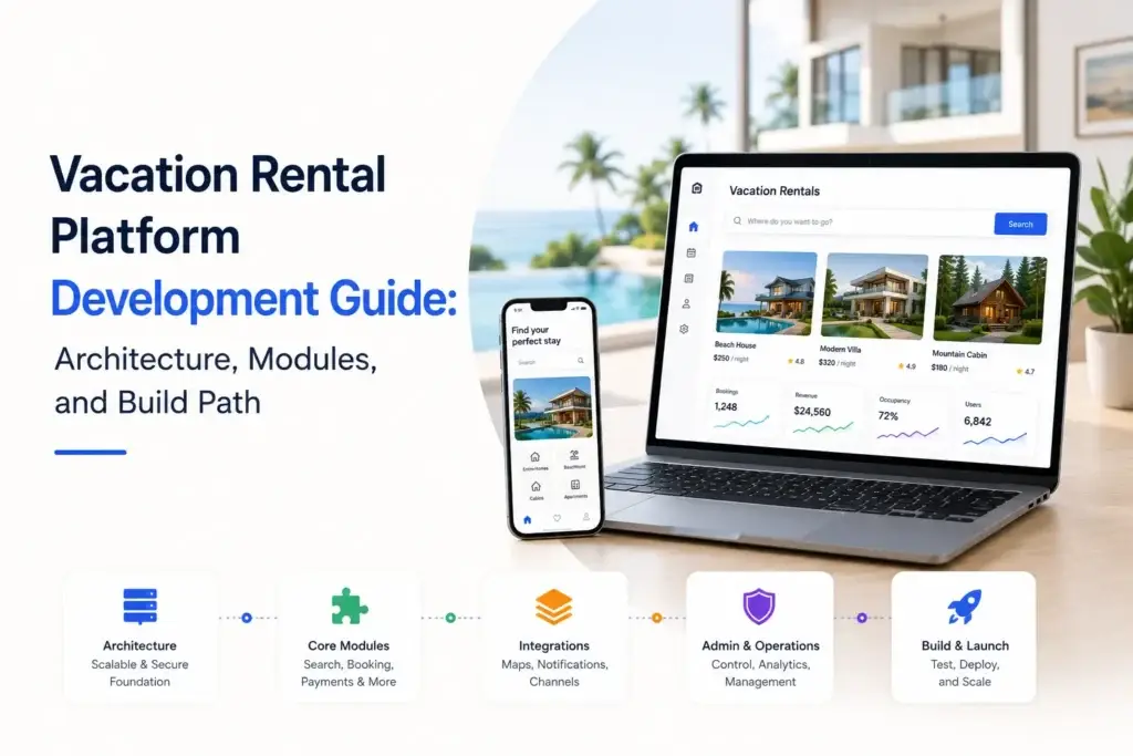 Vacation rental platform development guide covering architecture, core modules, integrations, admin operations, and the build-to-launch process.