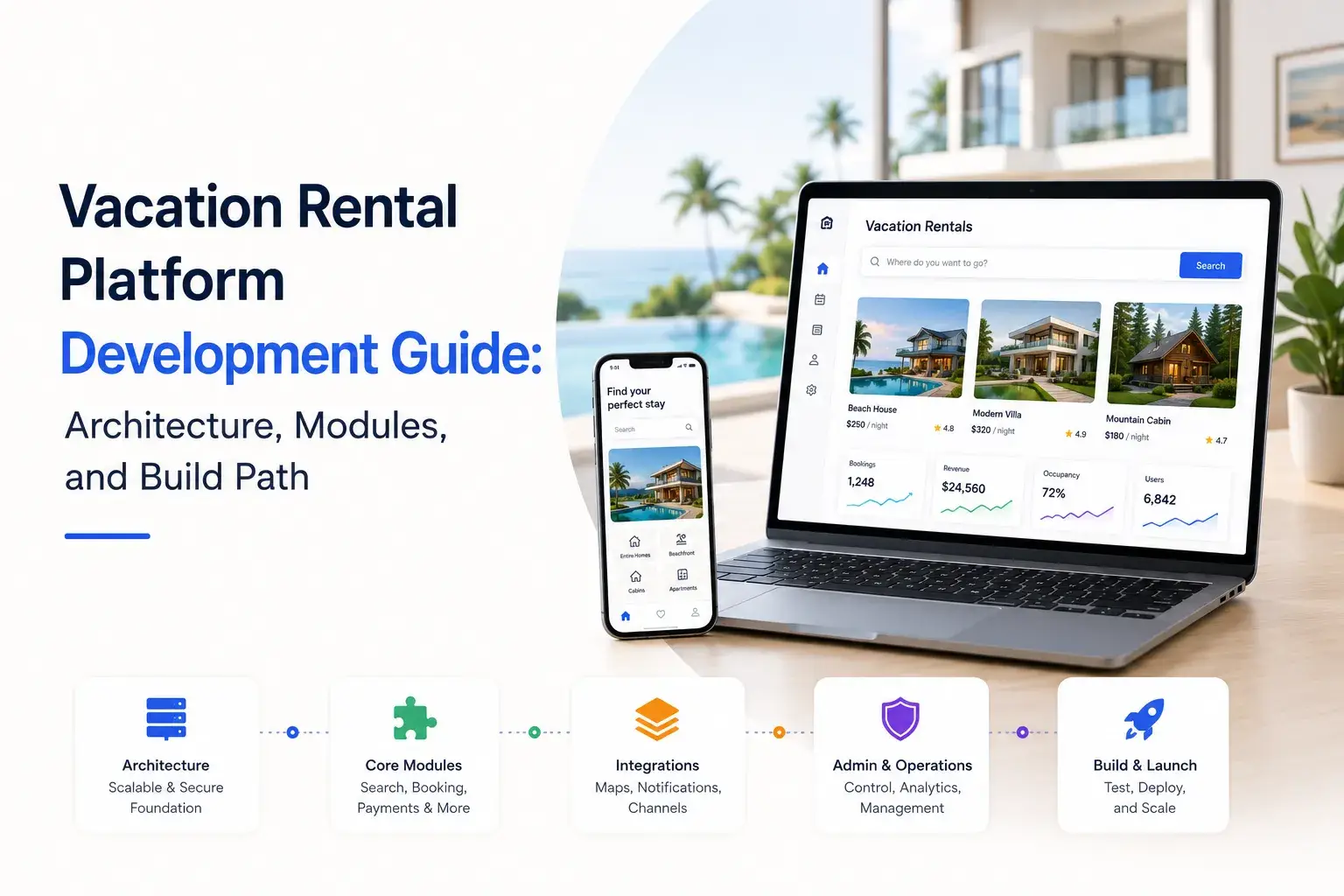 Vacation rental marketplace features and pricing with property search, booking management, secure payments, and scalable plans.
