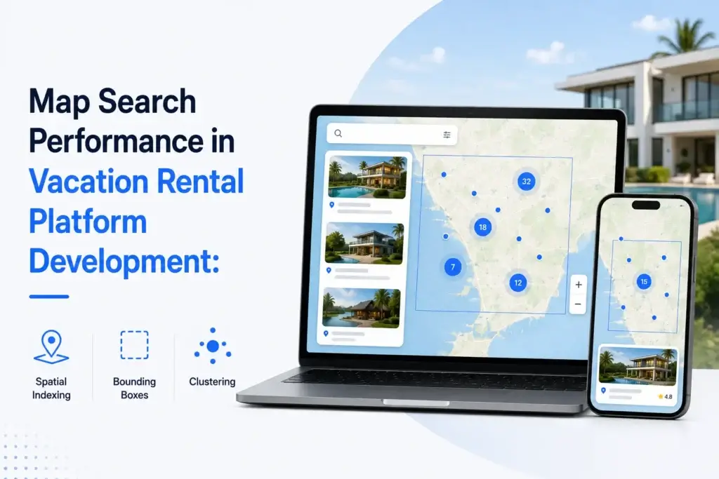 Map search performance in vacation rental platform development using spatial indexing, bounding boxes, and clustering for faster property discovery.