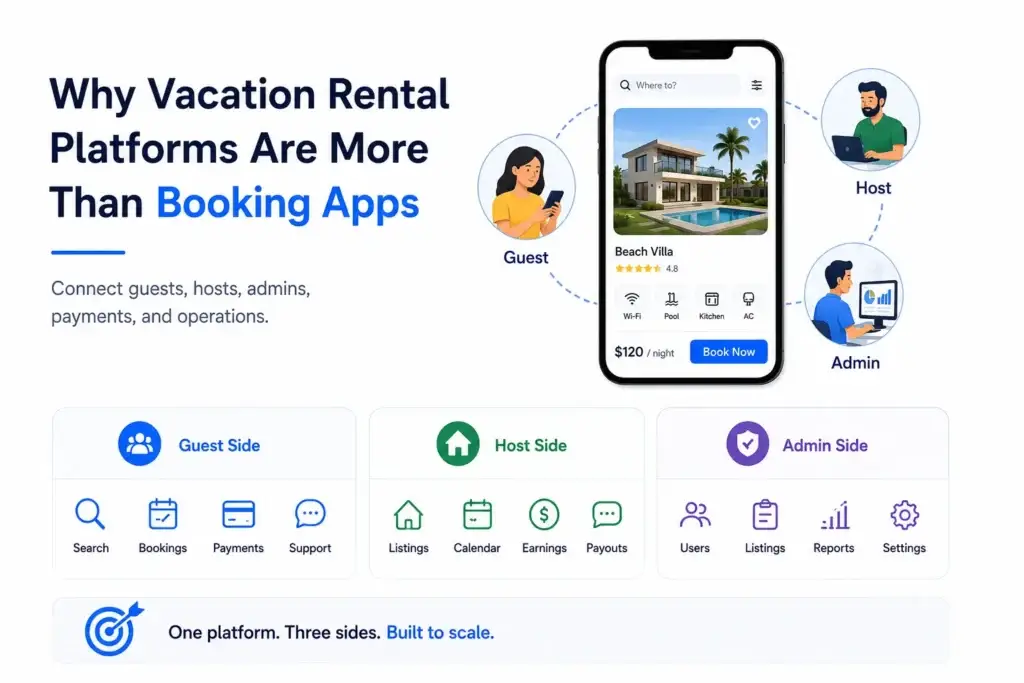 Vacation Rental Platform Development Guide: Architecture, Modules, and Build Path 1 Vacation rental platforms connect guests, hosts, and admins through booking, payments, listings, calendars, payouts, reports, and platform management tools.