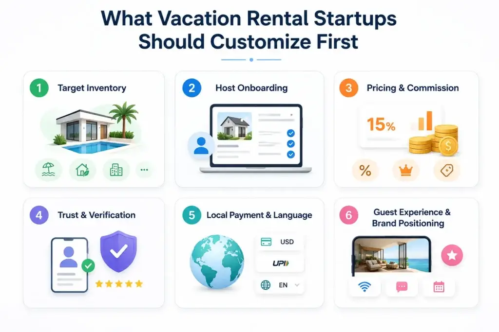 How Vacation Rental Startups Can Launch Faster Without Building Every Booking Module From Scratch 2 vacation rental platform development startup customization priorities including inventory, host onboarding, pricing, verification, payments, language, and guest experience.