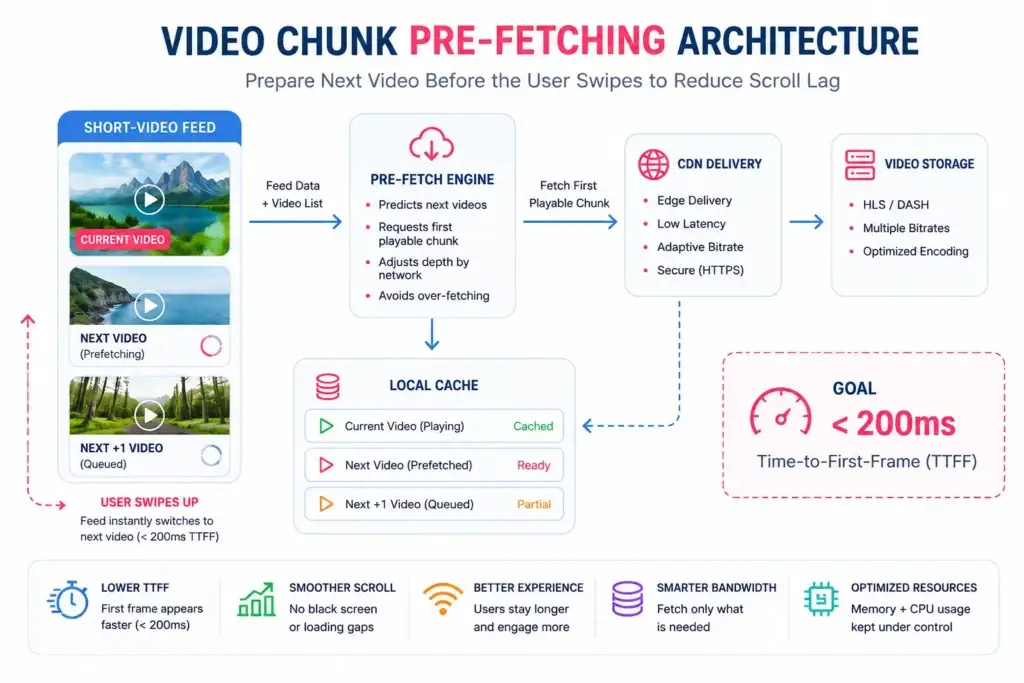 The 200ms Benchmark: Load-Testing the Scroll Engine of Our TikTok Clone 2 Video chunk pre-fetching architecture diagram showing short-video feed, pre-fetch engine, CDN delivery, video storage, local cache, and under 200ms time-to-first-frame goal.