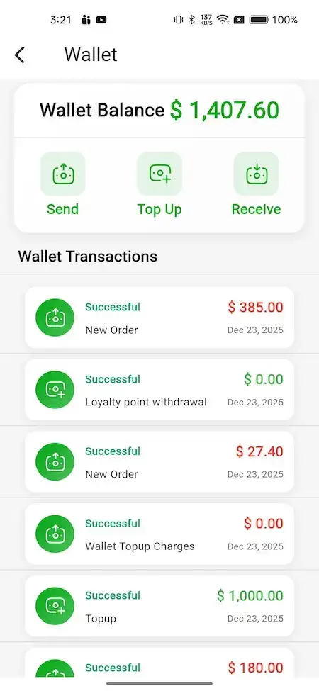 Gojek Clone 15 Smartphone screen showing wallet balance and transaction history