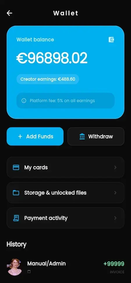 IsMyGirl Clone 26 OnlyFans clone wallet screen with creator earnings, wallet balance, withdrawals, payment history, and subscription revenue management