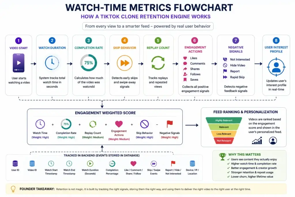 The โFake Algorithmโ Trap: What Cheap TikTok Clones Hide in Their Source Code 2 TikTok clone retention engine infographic showing watch-time metrics, video start, watch duration, completion rate, skip behavior, replay count, engagement actions, negative signals, user interest profile, backend tracking, engagement score, feed ranking, and personalization.