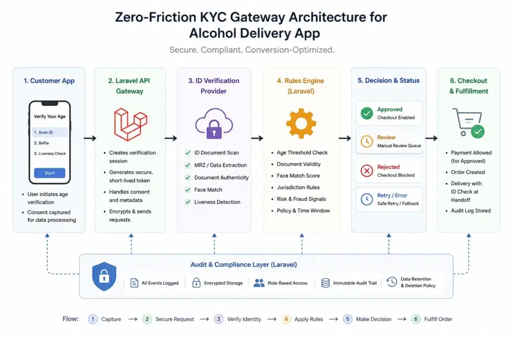 10,000 Orders, Zero Underage-Sale Incidents: Deploying a Compliance-First Alcohol Delivery Platform 1 Zero-Friction KYC Gateway architecture for alcohol delivery app age verification