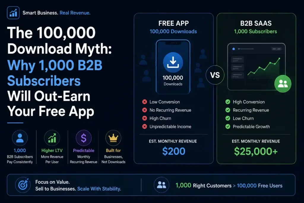 Comparison of 100,000 free app downloads versus 1,000 B2B subscribers for app monetization revenue