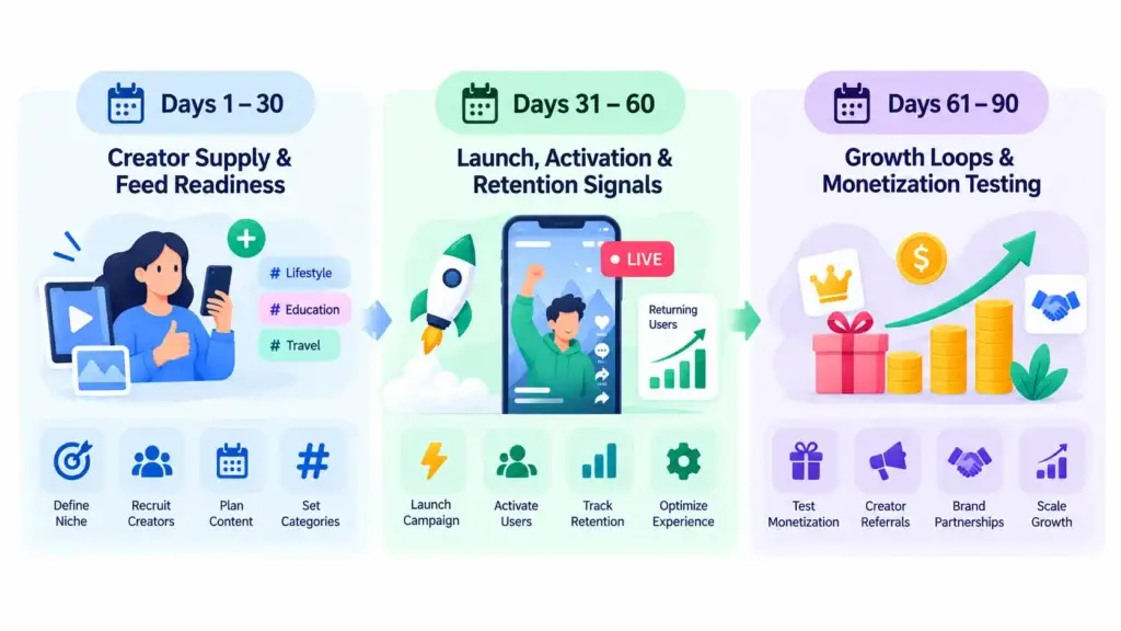 Growth Strategy for a Short-Form Video Platform: Creator Acquisition, Content Supply, and Repeat Viewing 2 90-day short-form video platform growth roadmap covering creator supply, activation, retention, growth loops, and monetization testing