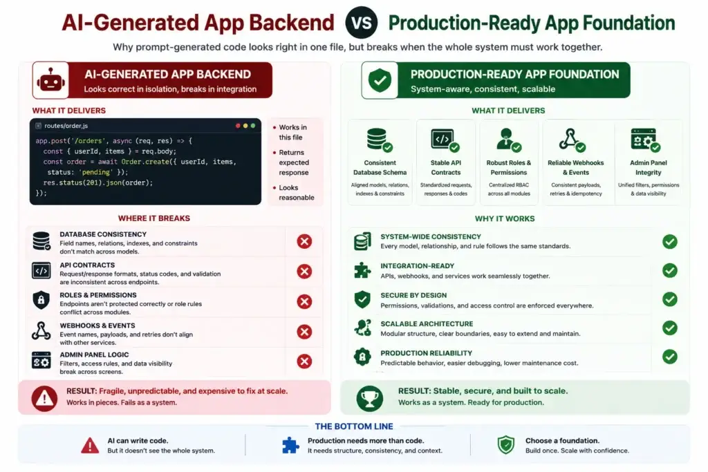 The AI Developer Delusion: Why ChatGPT Cannot Architect Your App Backend 2 AI-generated app backend versus production-ready backend foundation with database security and API architecture