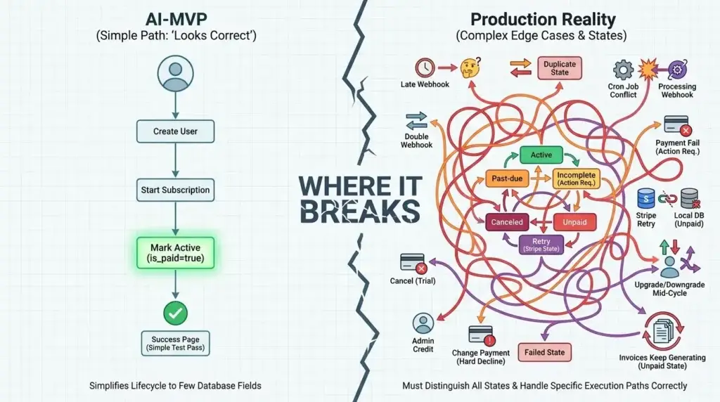 Ghost Charges & Failed Subscriptions: The Financial Cost of AI Billing Logic 2 AI billing logic infographic showing a simple AI MVP subscription flow compared with complex production billing states, including late webhooks, duplicate webhooks, cron job conflicts, payment failures, Stripe retries, local database desync, unpaid states, canceled states, upgrades, downgrades, failed states, and invoice generation errors.
