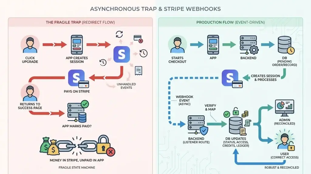 Stripe Payments Not Reconciling? Fix the Webhook Desync Breaking Your AI App Revenue 1 Stripe webhook failure infographic showing checkout events, subscription updates, invoice payments, lost webhooks, backend desync, failed reconciliation, incorrect app payment status, and AI app revenue mismatch.