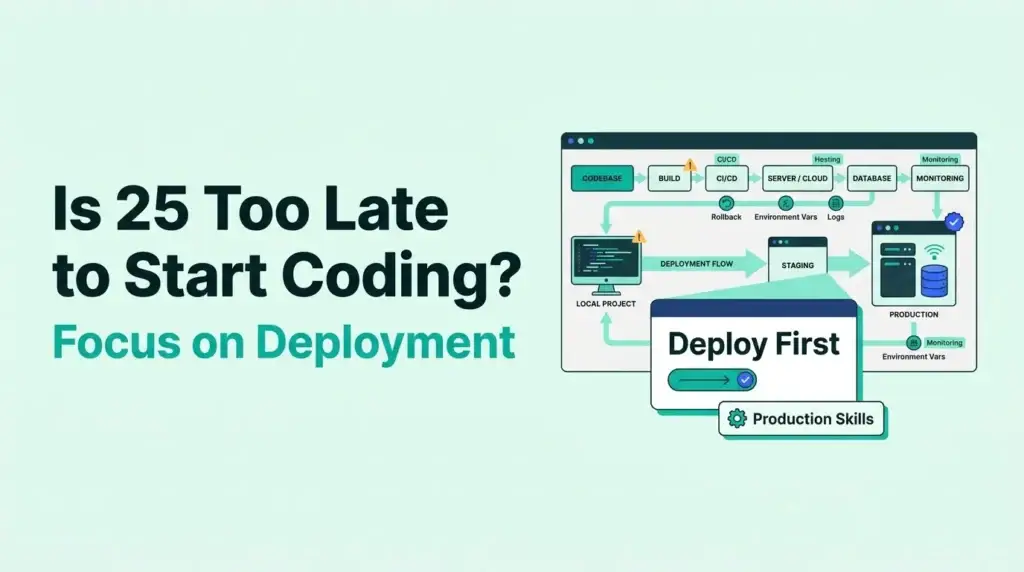 Is 25 too late to start coding? Career-switcher choosing deployment and software operation over beginner syntax learning.