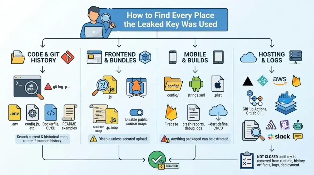 Exposed API Keys in Your AI App? Here Is the 3-Step Emergency Rotation Protocol 2 Infographic showing how to find leaked API keys in code history, frontend bundles, mobile builds, hosting logs, and CI/CD systems