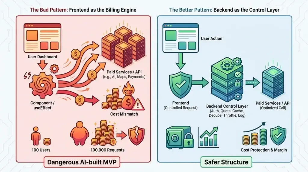 The Infinite API Loop: Why AI-Built MVPs Bankrupt Founders on Day 1 2 AI app architecture infographic showing the bad pattern of frontend components and useEffect loops acting as the billing engine, causing paid API overuse, cost mismatch, 100 users generating 100,000 requests, and the safer backend control layer with authentication, quota, cache, deduplication, throttling, logging, optimized API calls, cost protection, and margin control.