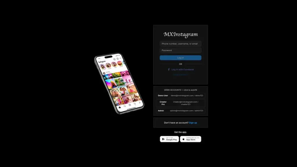 Instagram Clone 47 MXInstagram web login with email credentials, Facebook sign-in, demo accounts and app download links