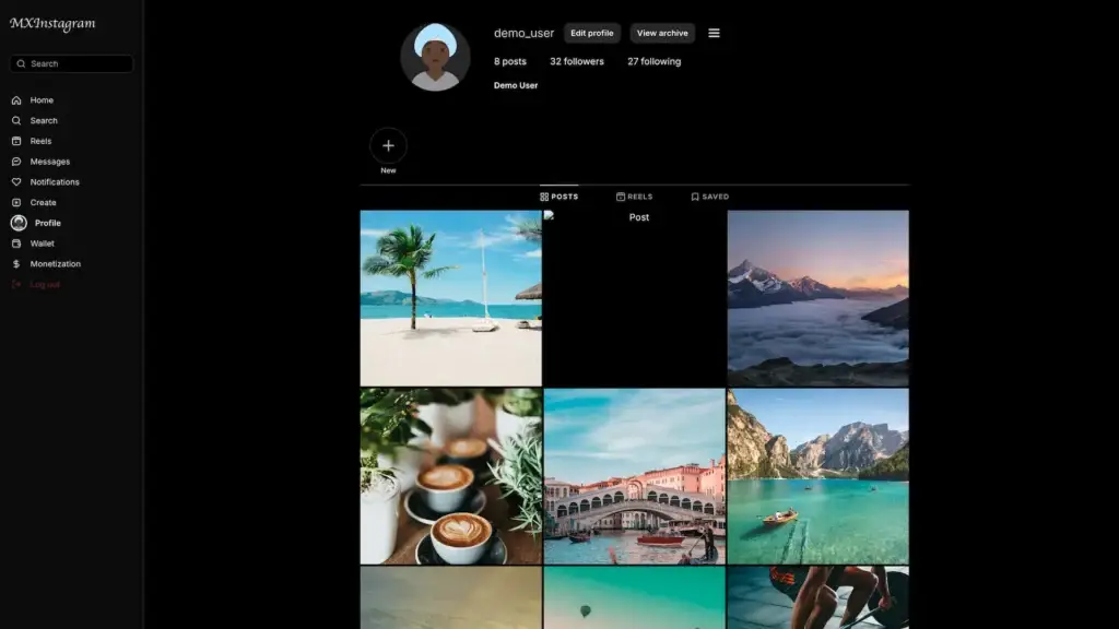 Instagram Clone 46 MXInstagram demo user profile with follower counts, story highlight and photo grid