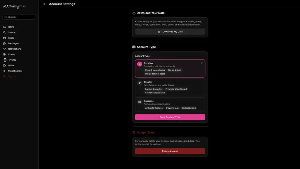 Instagram Clone 45 MXInstagram account settings with data download, Personal, Creator and Business account types, and delete account option