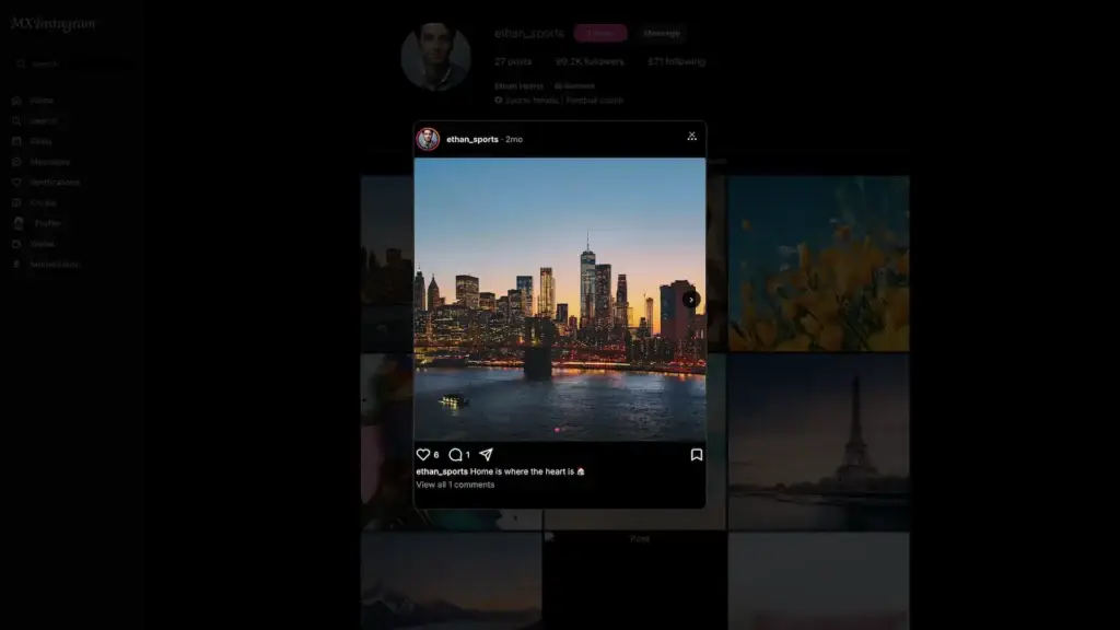 Instagram Clone 44 MXInstagram post lightbox displaying a cityscape carousel with engagement controls