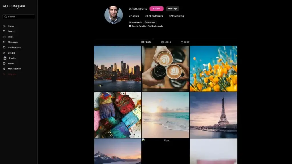 Instagram Clone 42 MXInstagram business profile with follower statistics and Posts, Reels and Shop tabs