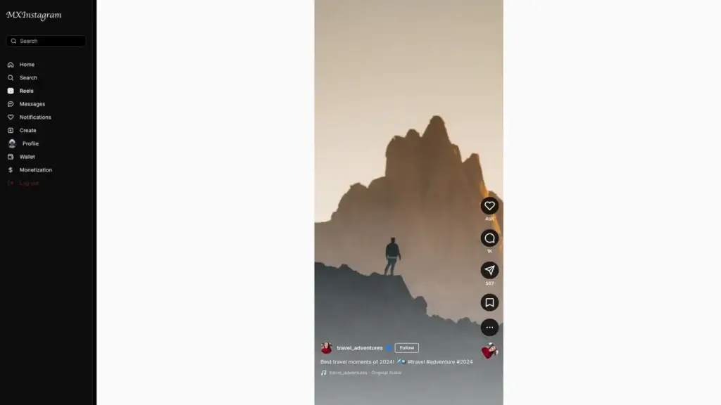 Instagram Clone 43 MXInstagram vertical Reels player with likes, comments, sharing, saving and creator details