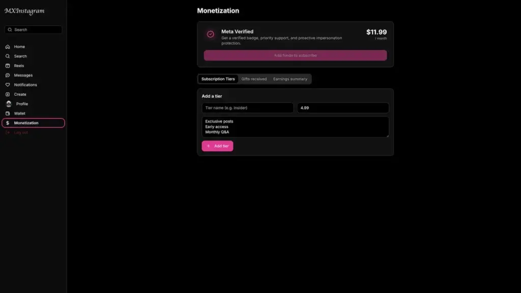 Instagram Clone 41 MXInstagram monetization screen with Meta Verified subscription and creator tier setup