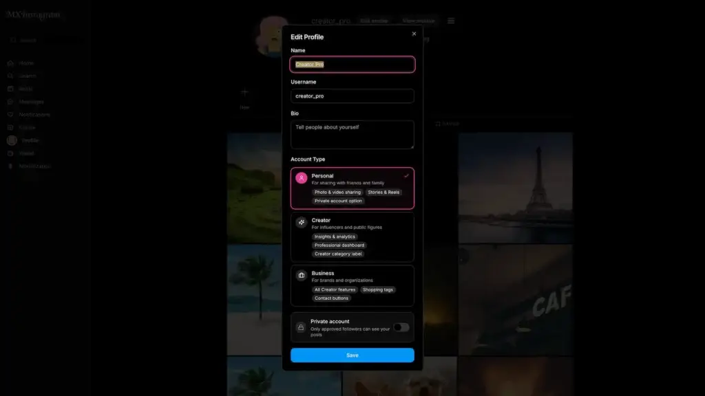 Instagram Clone 40 MXInstagram Edit Profile modal with name, username, bio, account type and privacy controls
