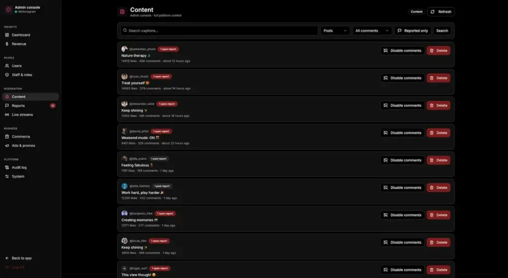 Instagram Clone 53 MXInstagram admin content list with reported posts, search filters, comment controls and delete actions