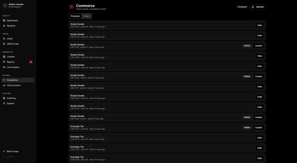 Instagram Clone 51 MXInstagram admin commerce catalogue with product prices, stock counts and visibility controls
