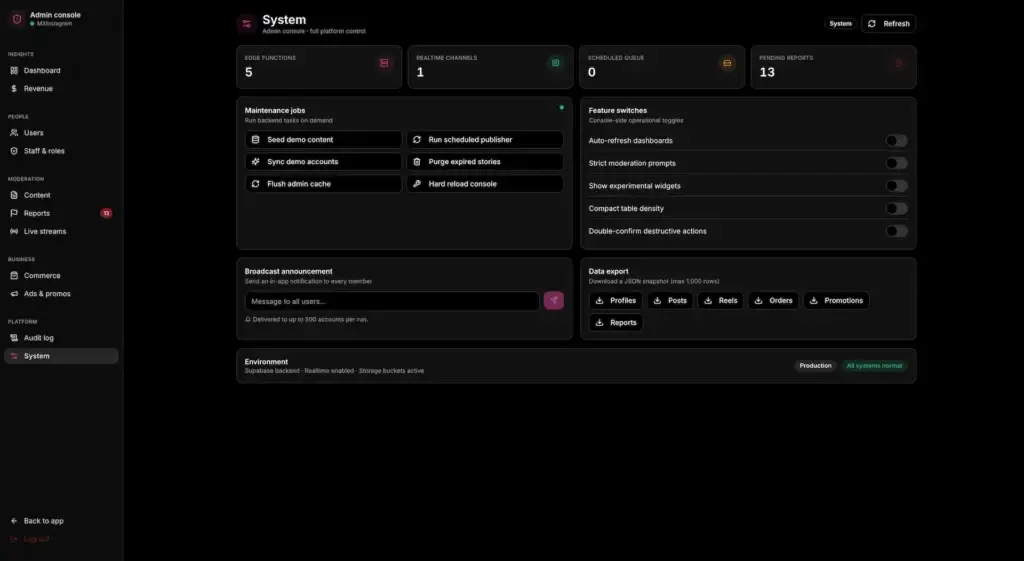 Instagram Clone 48 MXInstagram admin system screen with maintenance jobs, feature switches, announcements and data exports