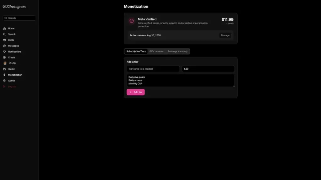 Instagram Clone 39 MXInstagram monetization page with active Meta Verified membership and subscription tier form