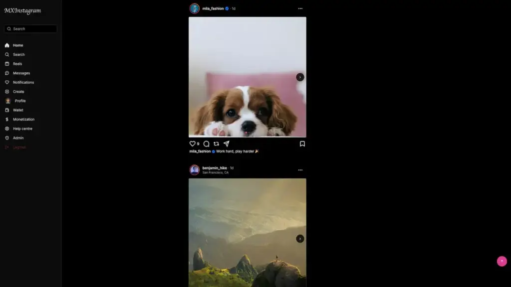 Instagram Clone 38 MXInstagram web feed showing a puppy carousel and mountain travel post with engagement controls