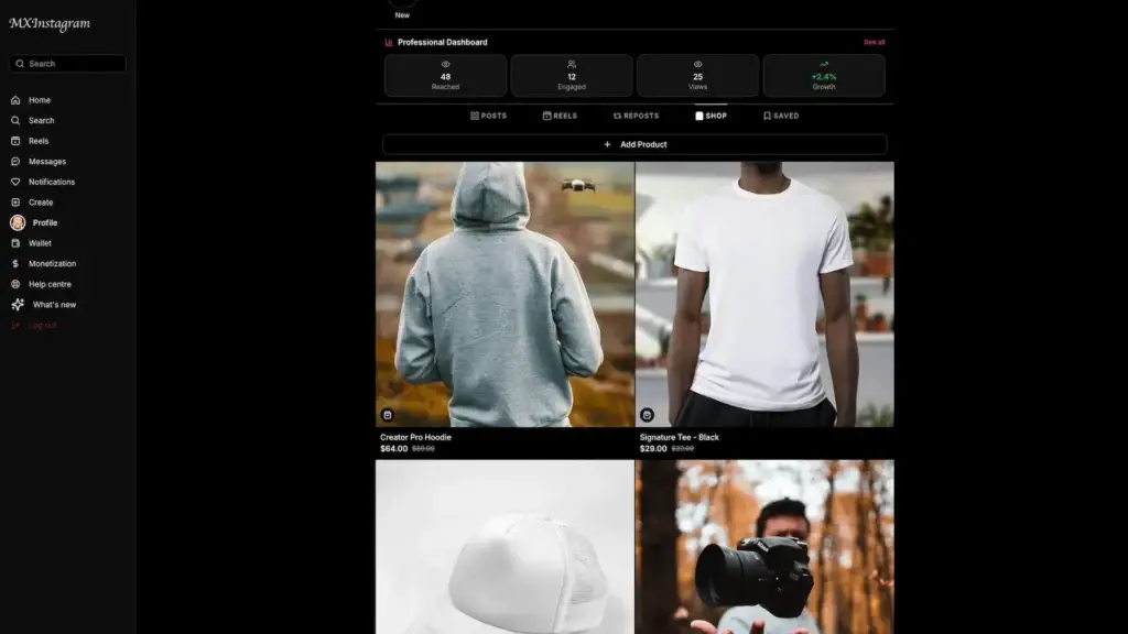 Instagram Clone 37 MXInstagram creator profile Shop tab with performance metrics and product catalogue