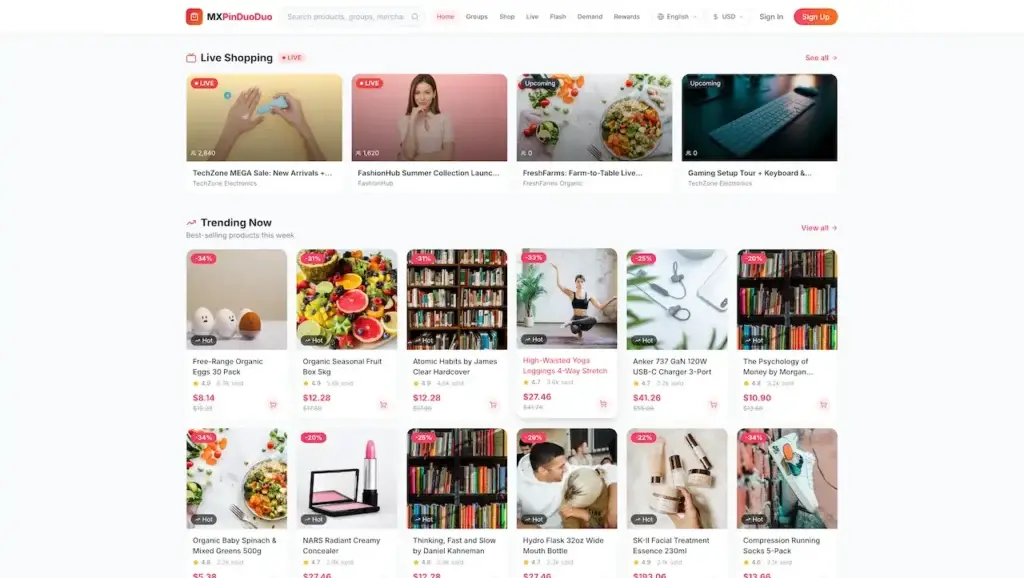 Pinduoduo Clone 44 Desktop marketplace view with live merchant streams and a broad grid of discounted trending products
