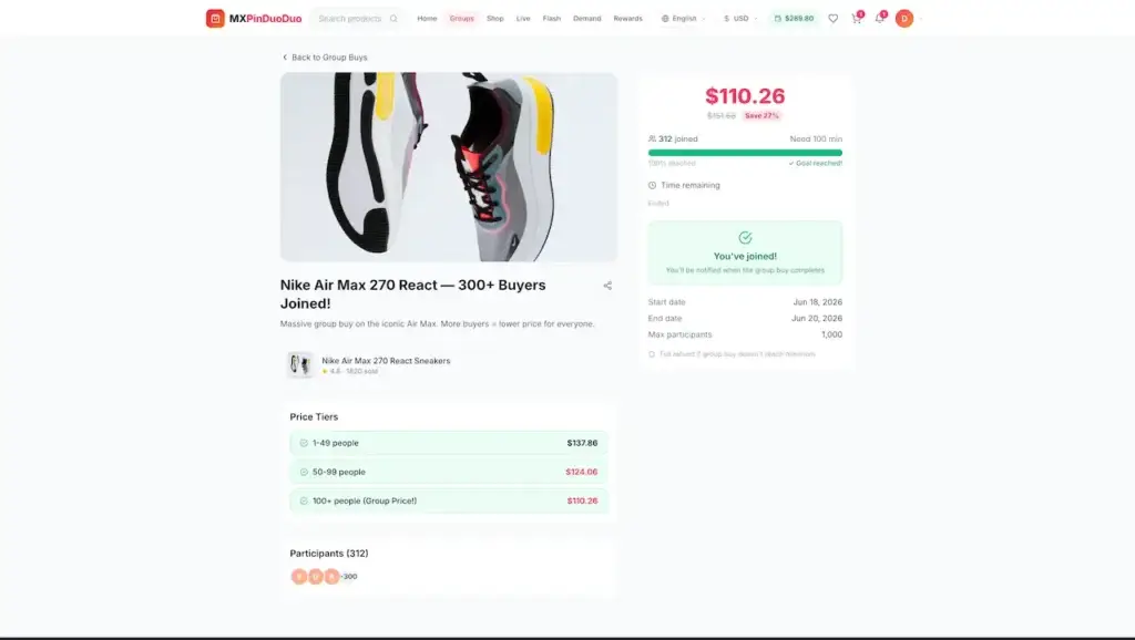 Pinduoduo Clone 43 Desktop Nike Air Max 270 React group-buy page with joined status, participant target, discount, and price tiers