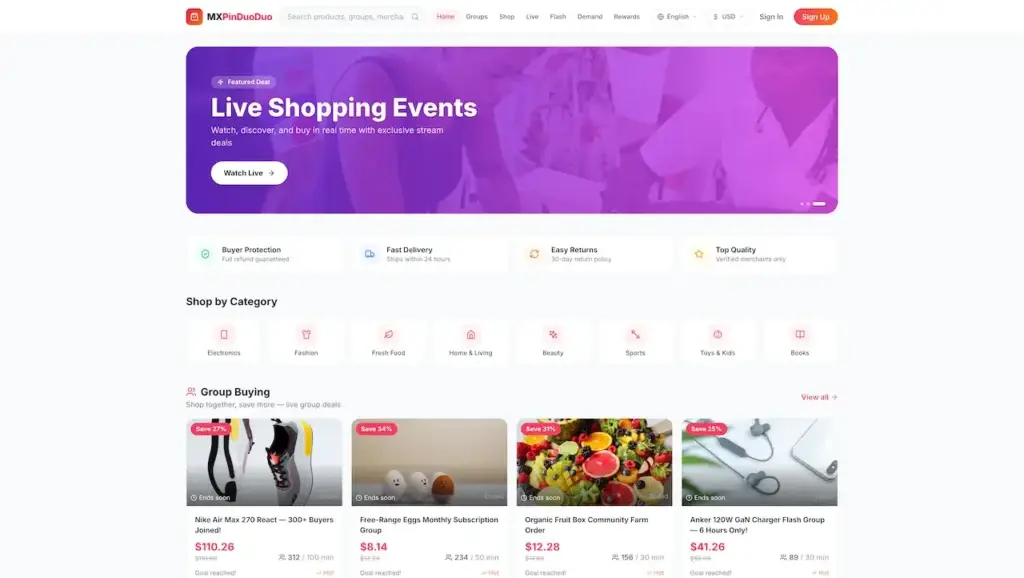 Pinduoduo Clone 42 Desktop homepage with Live Shopping Events banner, protections, categories, and active group-buy cards