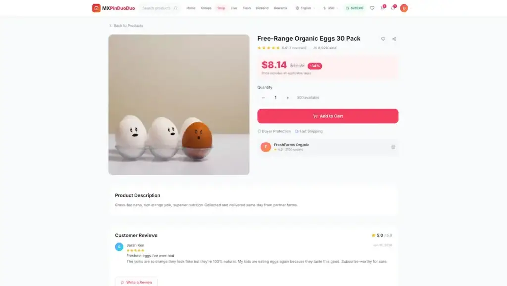 Pinduoduo Clone 41 Desktop product page for a 30-pack of free-range eggs with discount, quantity, merchant, review, and cart action