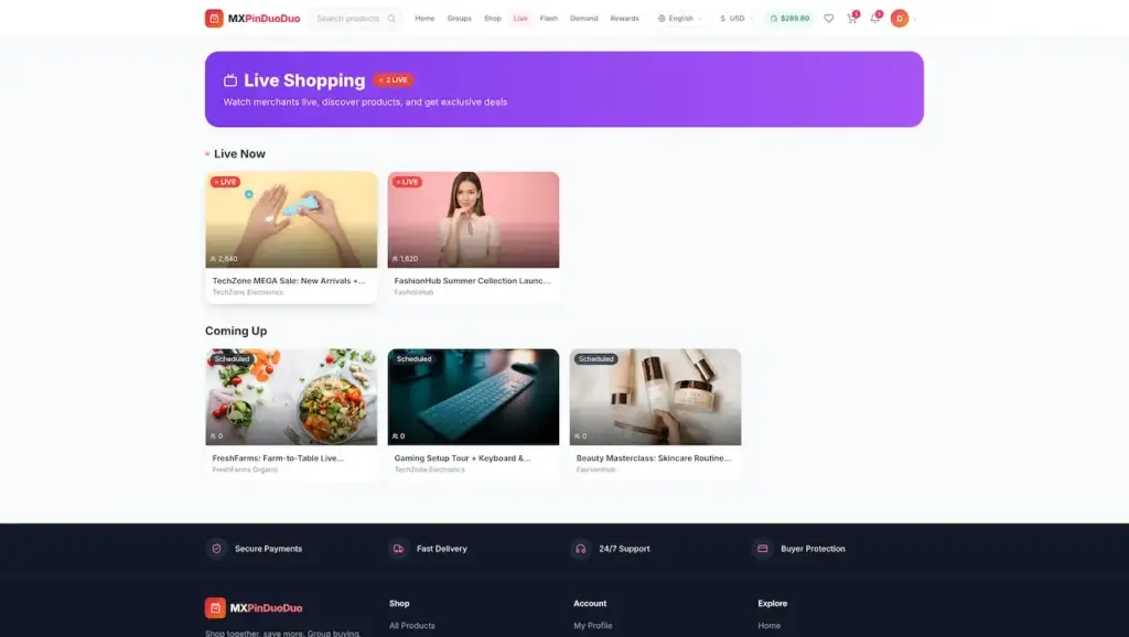 Pinduoduo Clone 40 Desktop live-shopping page with active electronics and fashion streams plus upcoming food, gaming, and beauty events