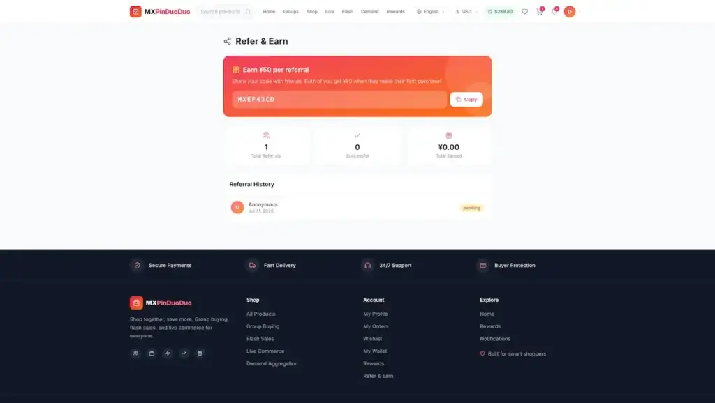 Pinduoduo Clone 37 Desktop referral dashboard with shareable code, reward amount, referral totals, earnings, and history